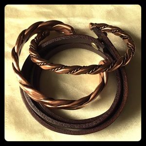 Copper & faux leather adjustable bracelet set